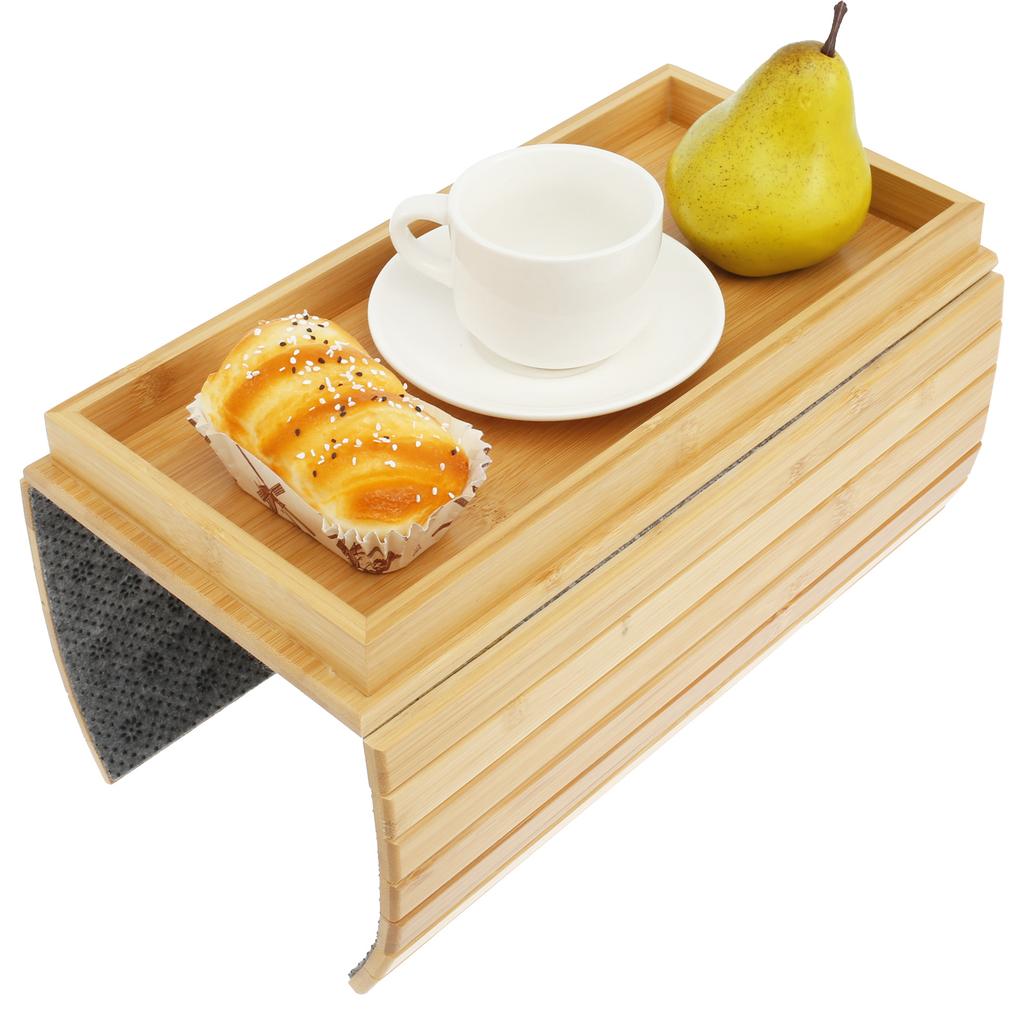 Sofa Arm Tray Bamboo Couch Arm Tray with Basket Foldable Nonslip Splash Proof Sofa Organizer Tray Sofa Arm Table for Drink Snack
