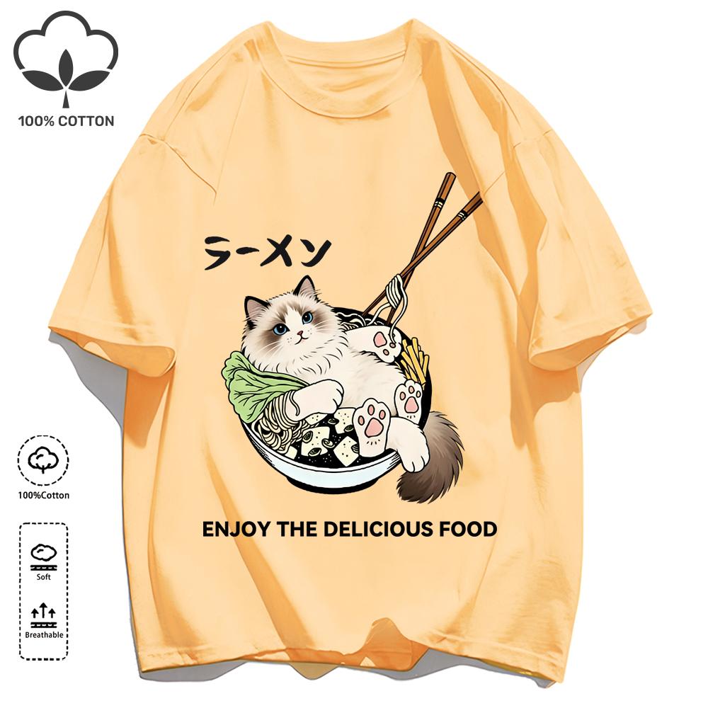 Cat Lying Down After Eating Too Much Print T-Shirt Unisex Summer Soft Loose Tee Cotton Retro Short Sleeve Unisex Fashion Clothing