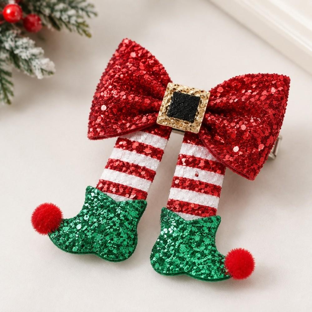 Sequin Christmas Boot Hair Clip Red Bow Side Clip Barrette Christmas Bow Hair Clip Women Girls