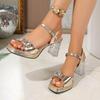 Fashion Summer French Rhinestone Heels New Square Toe Open Toe Platform Metal Buckle One Strap Block Heel Simple Sandals