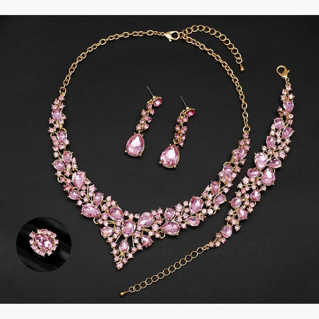 CSY Elegant Crystal Costume Jewelry Sets for Formal Events Gown Accessories | 4-Piece Set Bridal Necklace Earrings Bracelet Ring Set for Brides