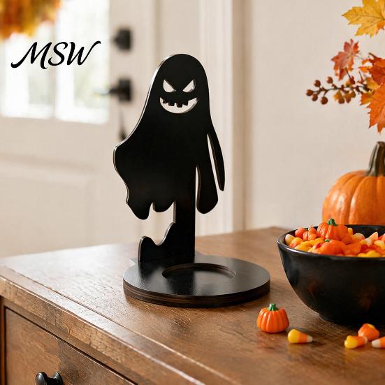 Black Cat Candle Stand Halloween Wooden Holder, Hollow Crow Spider Tealight Display Bat Shape Holder Stand, Gothic Silhouette Tabletop Decor for Home