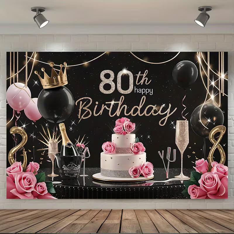 2D Black Gold 80th Birthday Backdrop with Cake, Champagne and Roses Photo Booth Banner