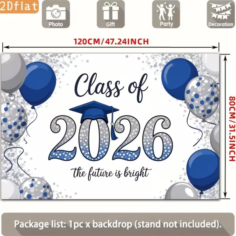 2D Class of 2026 Blue Silver Graduation Photo Booth Background Cloth