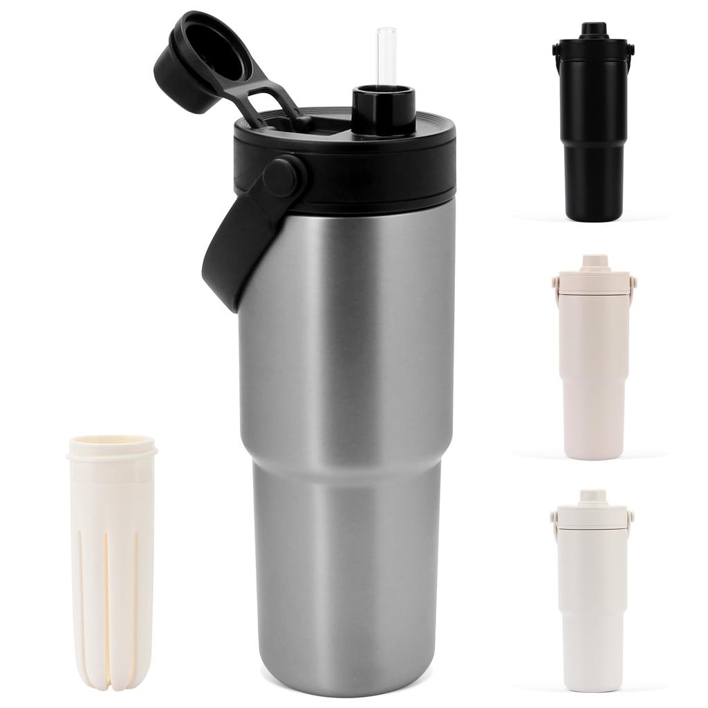 CLICSUN 735ML Ceramic Tumbler with Large Direct Vacuum Keeps Hot or Dishwasher with Portable for Silver Straw, Lid, Capacity, Drinking, Insulated,