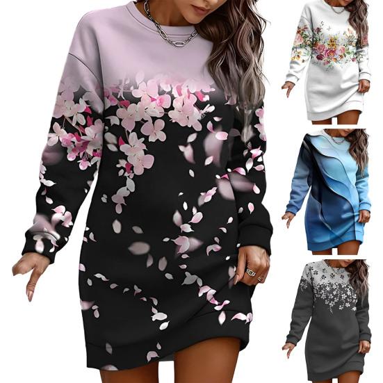 Women Fall Winter Sweartshirt Dress Flower Print Round Neck Long Sleeve Loose Pullover Thick Warm Mid Length Elastic Cuff Lady Spring Mini Dress