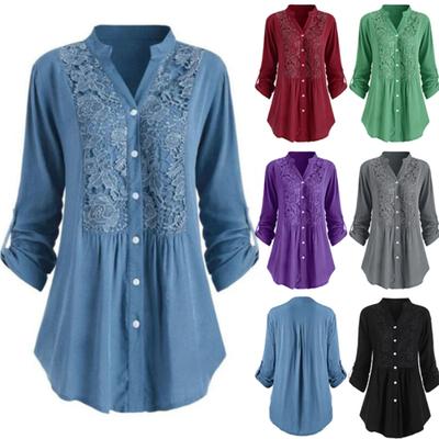 Офисная леди однотонная с V-образным вырезом кружевной отделкой и пуговицами рубашка топ большого размера