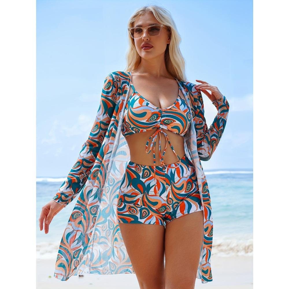 Женский трехсекционный комплект бикини с шортами-бойфрендами, модный купальник с бантом и пляжным парео