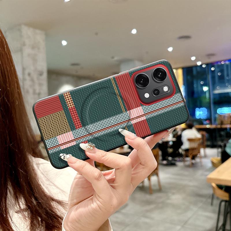 For Oppo Reno14 Pro Case Red Green Stripe Pattern Leather Magsafe Individual Metal Keys Matte Anti-Slip Grip Soft Cover