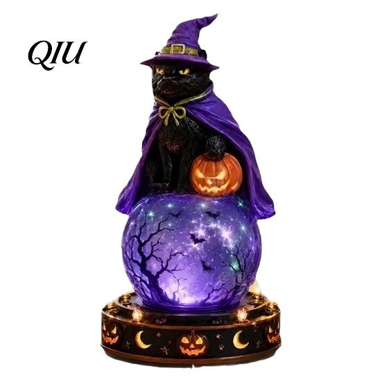 Decorative Window Ornament LED Lighted Halloween Faux Crystal Ball Decoration, Resin Witch/Skeleton/Cat/Ghost Figurine with Detailed Claw Bone