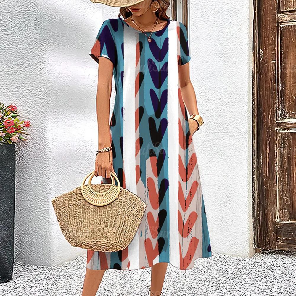 Летние платья с короткими рукавами, стильная женская одежда с контрастными цветами, длинное платье с принтом 3D Tie-Dye, женская одежда, свободный свитер с круглым вырезом