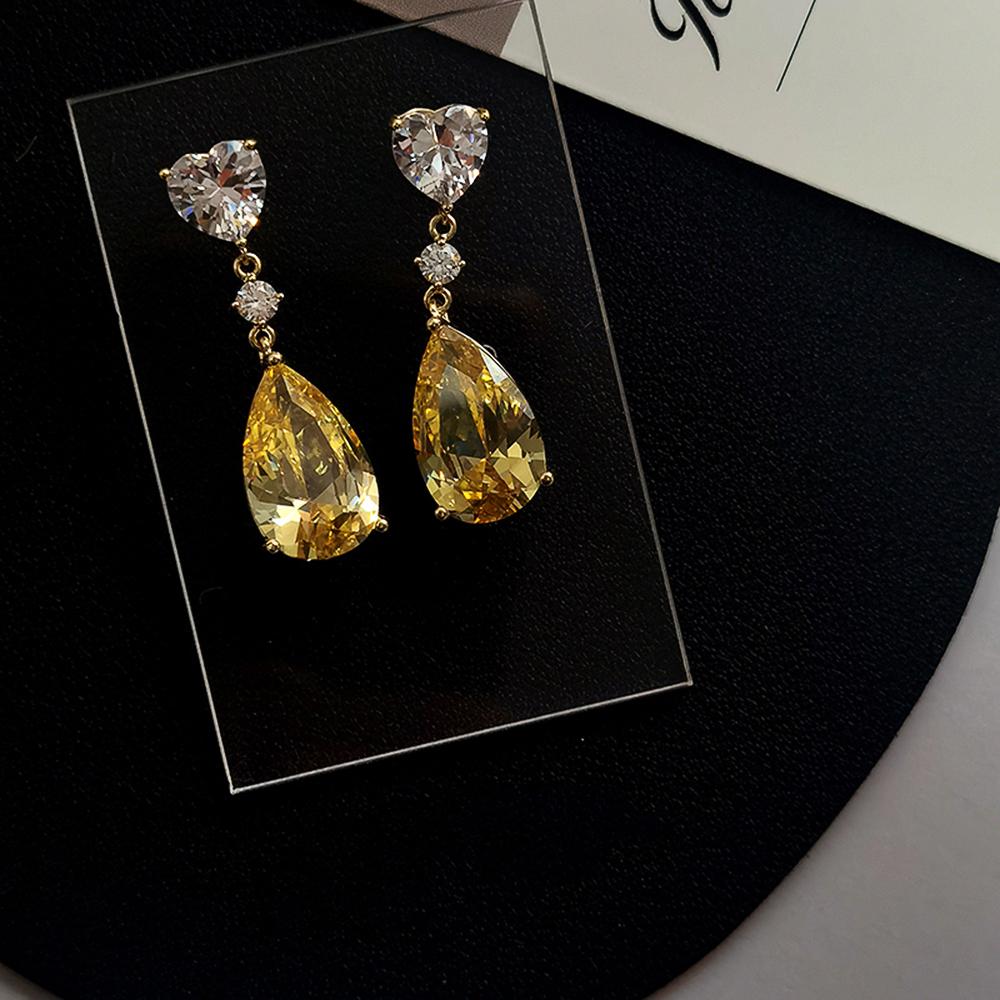 Huitan Temperament Yellow Pear Cubic Zirconia Drop Earrings Luxury Fashion Women Ear Accessories for Engagement Wedding Jewelry