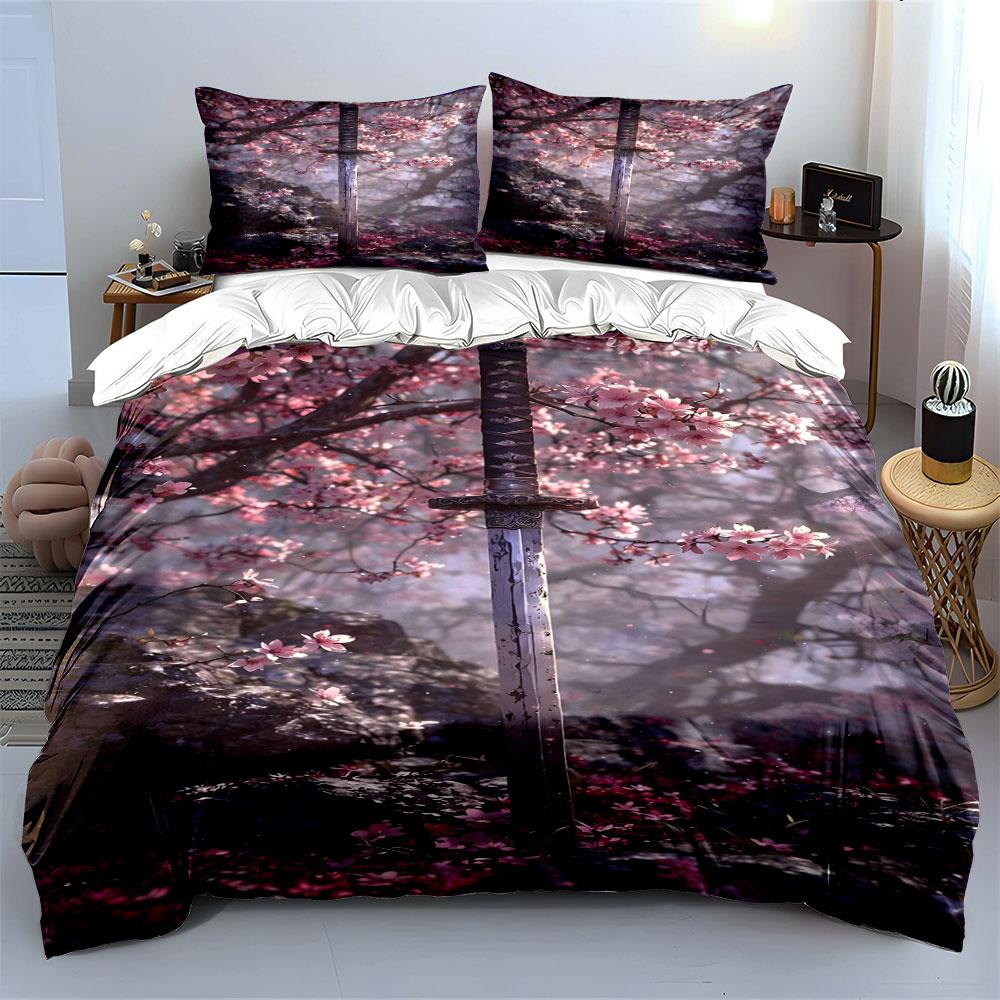 Cherry Blossom Katana Decor Set Soft Skin-Friendly Bedding Set Includes 1 Duvet Cover And 2 Pillowcase, Gift