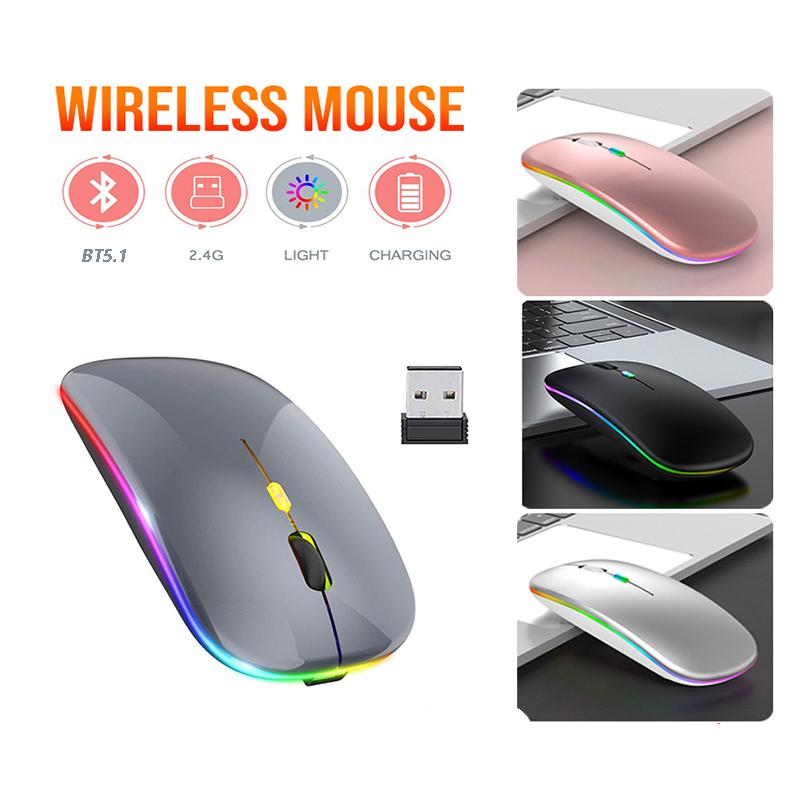 2.4G Wireless Bluetooth 5.0 Mouse RGB LED Lights Silence Smart Sleep Mouse for Laptop Computer Gaming Mouse Optical Mouse USB Rechargeable