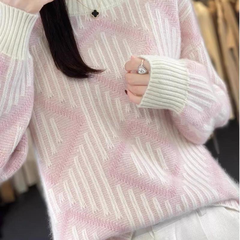 Осенне-зимний свитер-пуловер с круглым вырезом для женщин, ленивый и толстый свободный верх, универсальный вязаный свитер с цветными блоками