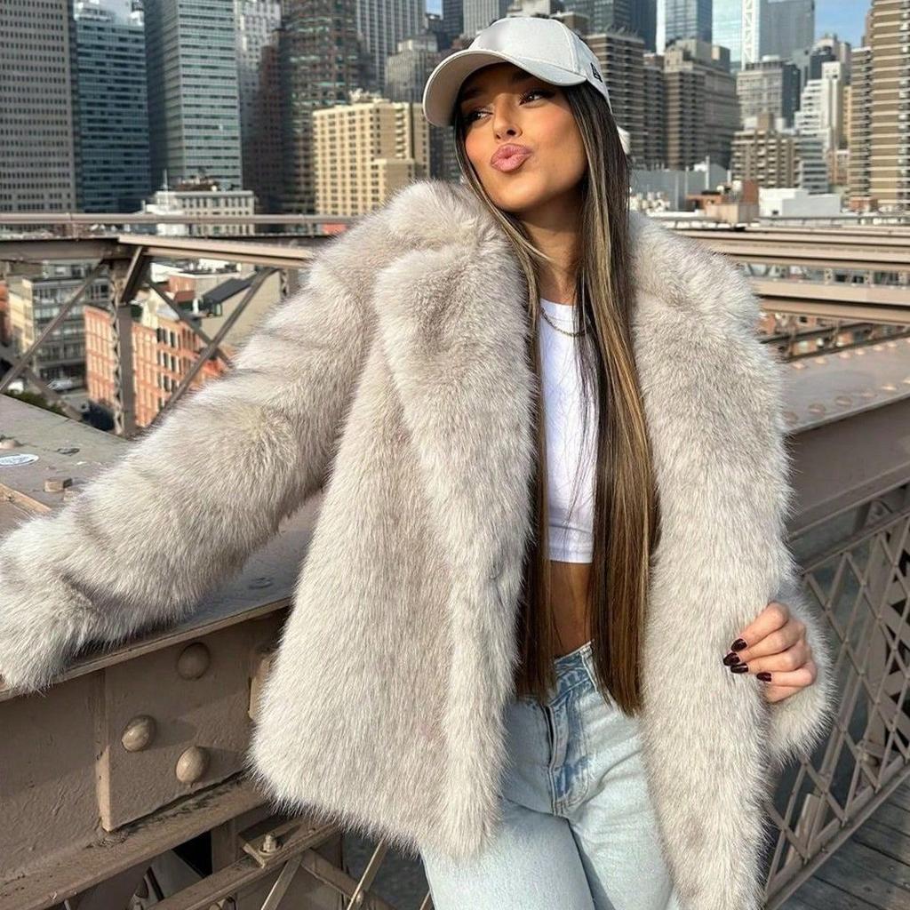 Женская меховая куртка свободного кроя с лацканами и длинными рукавами для осени и зимы