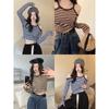 Design Sense of Off-shoulder Striped T-shirt Women's New Autumn Niche Tight Long-sleeved Slimming Short Student Top