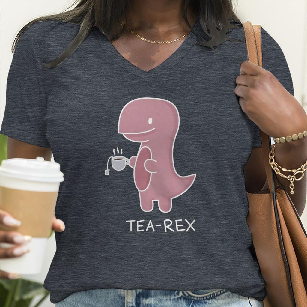 Lady T-Shirt Cute Pink Tea-Rex Print T Shirts Female Short Sleeve V-neck Shirt Harajuku Kawaii Animal Women Clothes