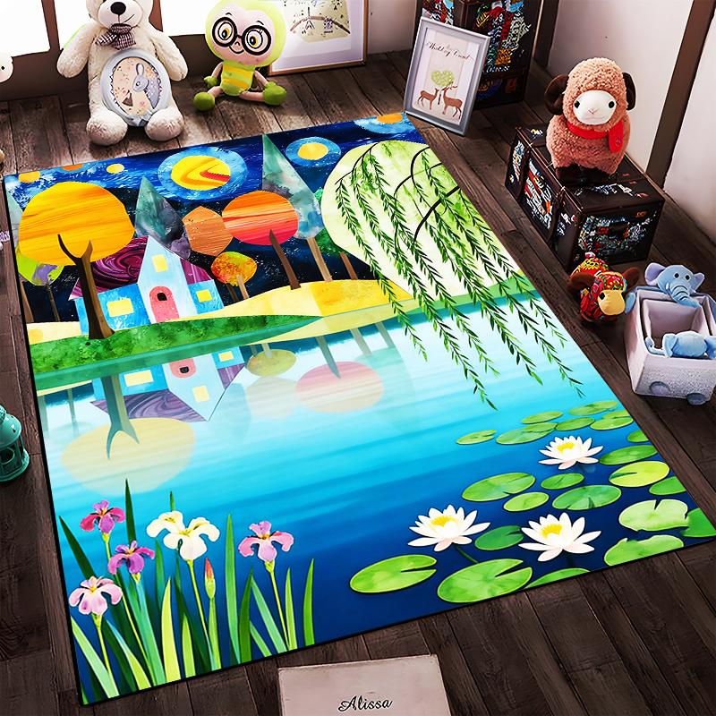 Colorful Artistic Landscape Carpet with House, Trees, and Pond Design Suitable for use as an anti-slip for living room bedroom sofas