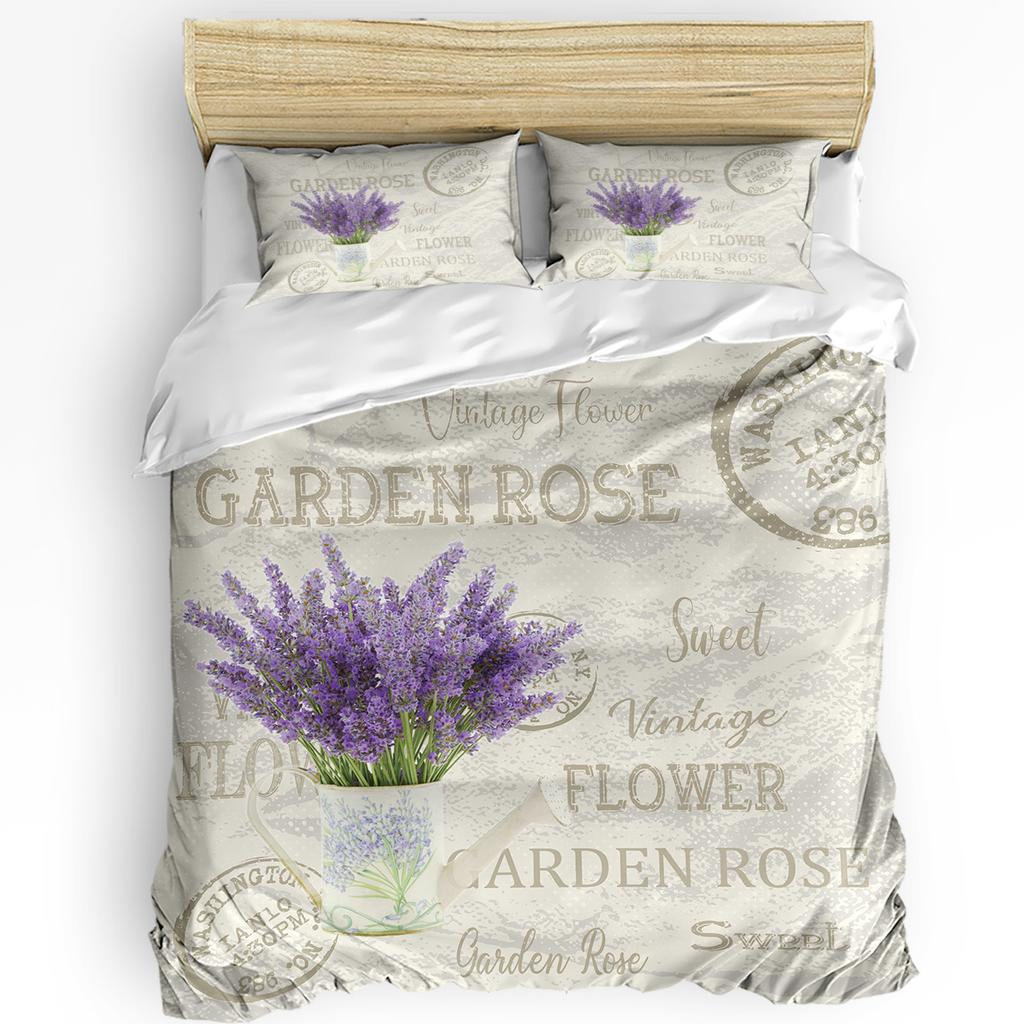 Flower Lavender Kettle Vintage Postcard Wood Duvet Cover With Pillow Case 3pcs Bedding Set Quilt Cover Double Bed Home Textile