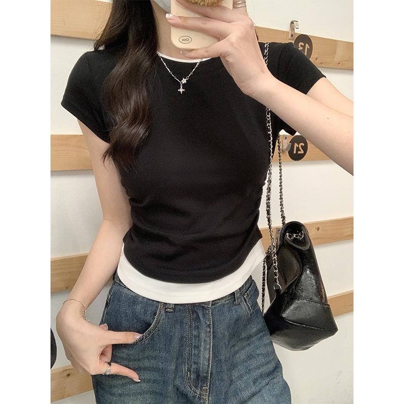 Fake Two-piece Short-sleeved T-shirt for Women In Hot Season New Contrasting Color Design Round Neck Front Shoulder Short-sleeved Top