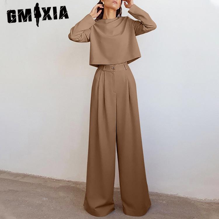 GMXIA Высококачественный модный всесезонный женский комплект, короткий топ, однотонные широкие брюки