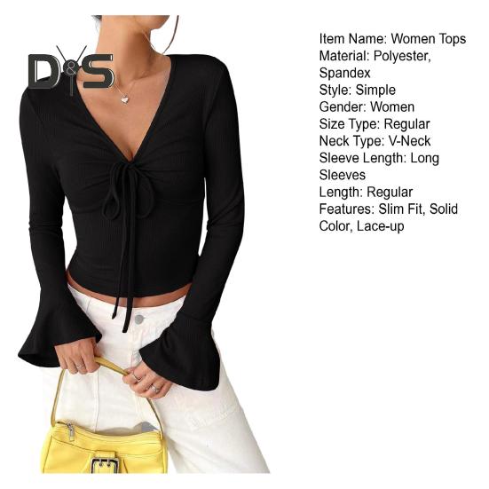 Женские топы с V-образным вырезом, расклешенные, с длинным рукавом, на шнуровке, пуловеры, облегающие, однотонные, повседневные топы, универсальная повседневная одежда