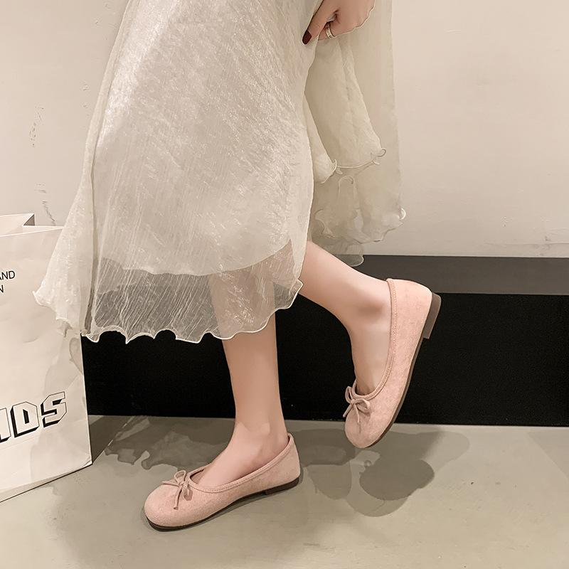 Французские замшевые балетки с бантом, весна-лето, новые нежные женские туфли на плоской подошве с одной педалью и мягким носом