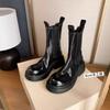 British Folded Leather Platform Martin Boots Women'S High Heel Medium Boots Smoke Boots Chelsea Short Boots