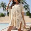 Women's Mesh Crochet Swimwear Cover-Up V-Neck Short Sleeve Hollow Out Beachwear Loose Fit