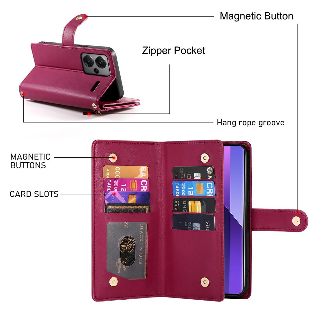 DF-011 For Xiaomi Redmi Note 13 Pro+ 5G Case Zipper Wallet Leather Phone Cover Stand View