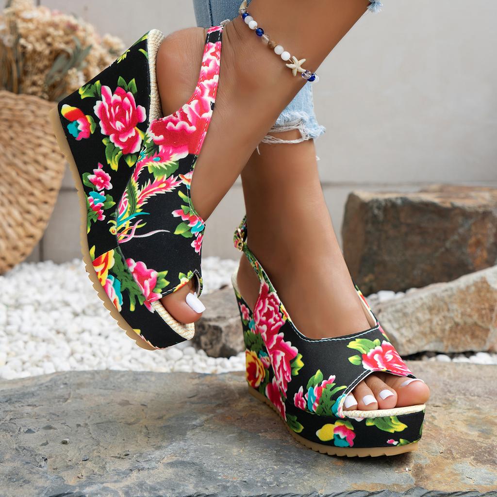 Fashion Summer Beach Boho Floral Wedge Sandals Women Ankle Platform Shoes Woman High Heels Sandalias Platform Heels Zapatos De Mujer
