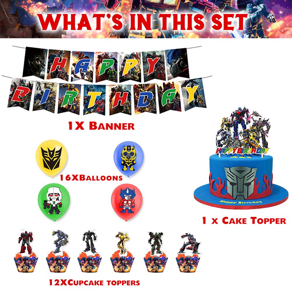 30PCS Transformers Themed Decorations Include Banner Balloons Cake Toppers Gift