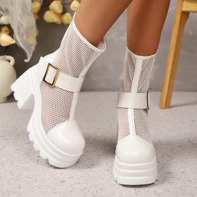 Модные сандалии на платформе с квадратным каблуком и молнией сзади, летние новинки, с круглым носком, сетчатыми вставками, металлической пряжкой, нескользящие ботильоны с короткими голенищами