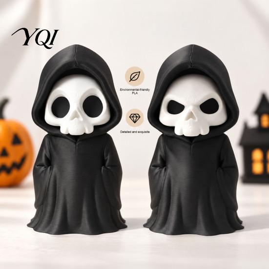 Black Robed Skeleton Statue 3D Printed Grim Reaper Figurine, Gothic Robe Statue, Model Mini Toy for Halloween Desktop Decoration Sculpture