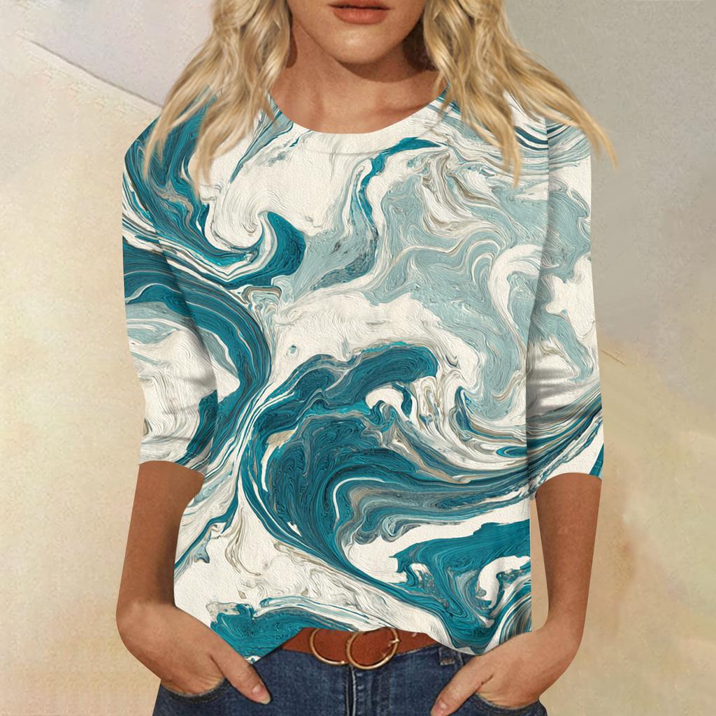 Женская модная повседневная футболка с круглым вырезом, рукавом три четверти и градиентным принтом