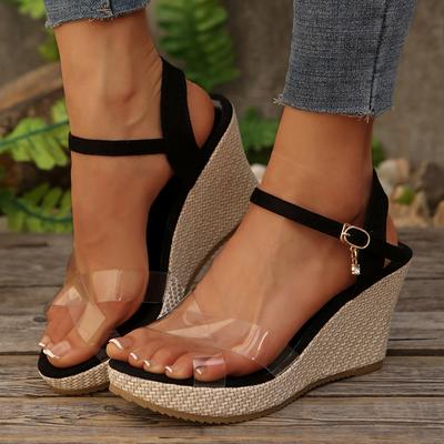 Прозрачные босоножки на танкетке с перекрестными ремешками для женщин 2025 года, летние босоножки на платформе с ремешком на щиколотке, женская толстая подошва, нескользящая пляжная обувь