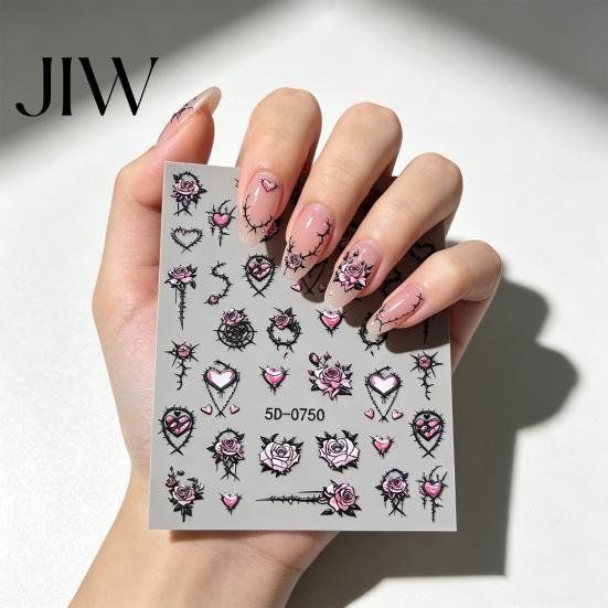 Funny Expression Nail Decals Halloween Art Stickers, 3D Embossed Skeleton Hand Pumpkin Bat Retro Black Stickers Decals, Self-Adhesive Manicure