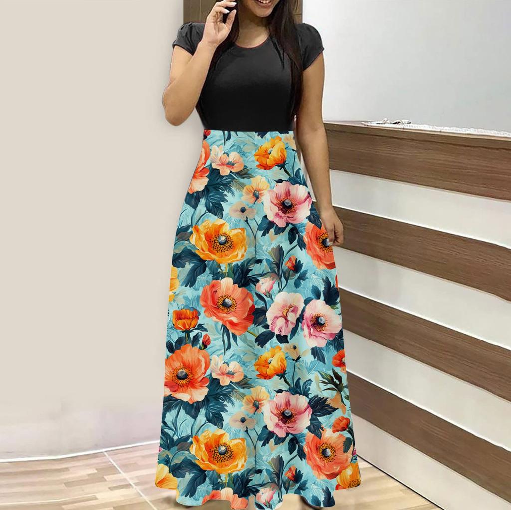 Женская мода повседневные свободные принтованные платья с круглым вырезом и коротким рукавом длинные платья с коротким рукавом длинные платья