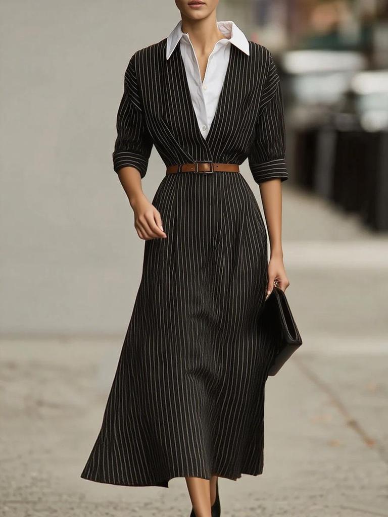 Женское ретро-платье-рубашка в полоску (европейский и американский стиль), Осенняя коллекция - Свободный крой с поясом, Color-block, Дизайн с воротником-рубашкой