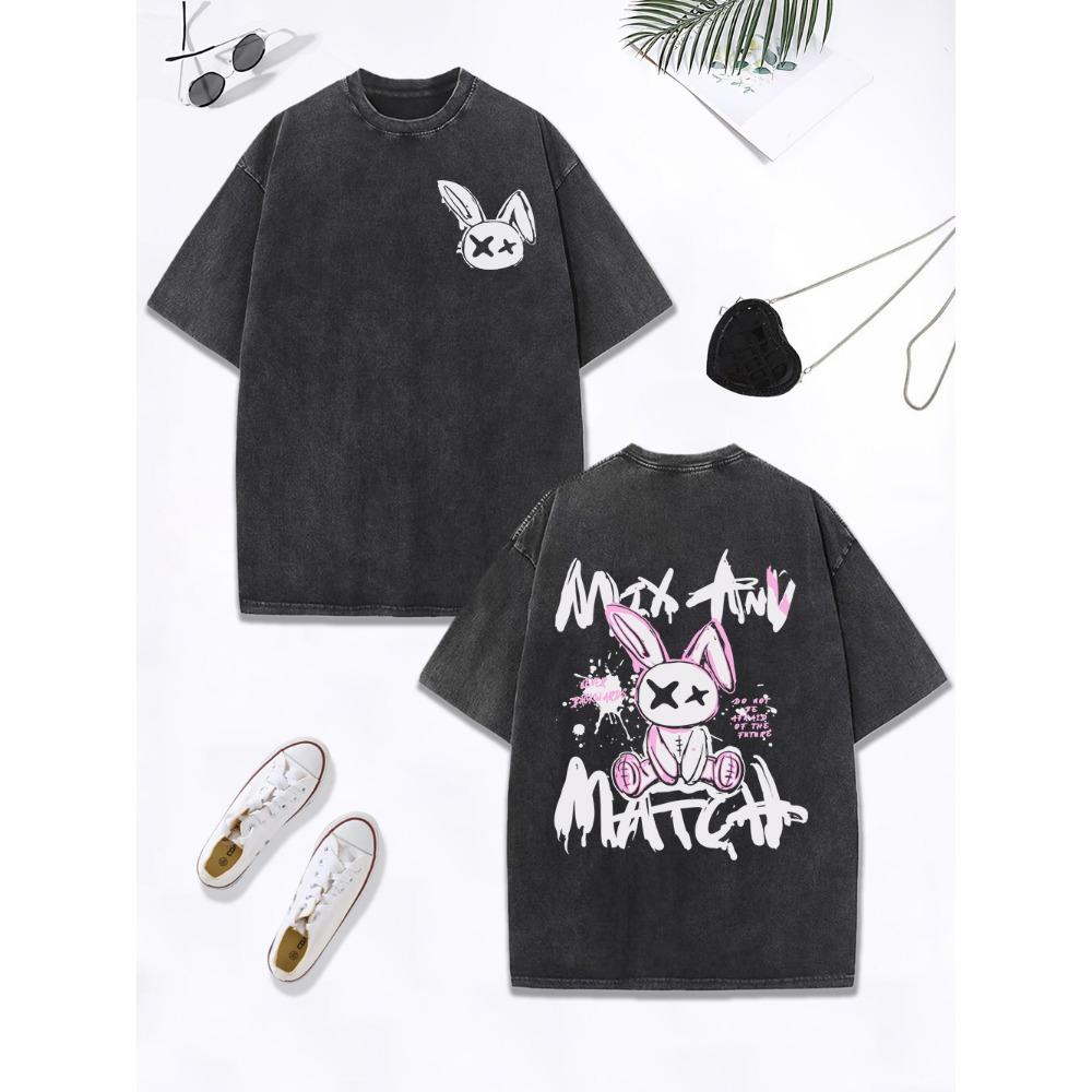 Мультяшный кролик спичка граффити текстовые принты выстиранная футболка женская хлопок оверсайз топы круглый вырез состаренная футболка одежда