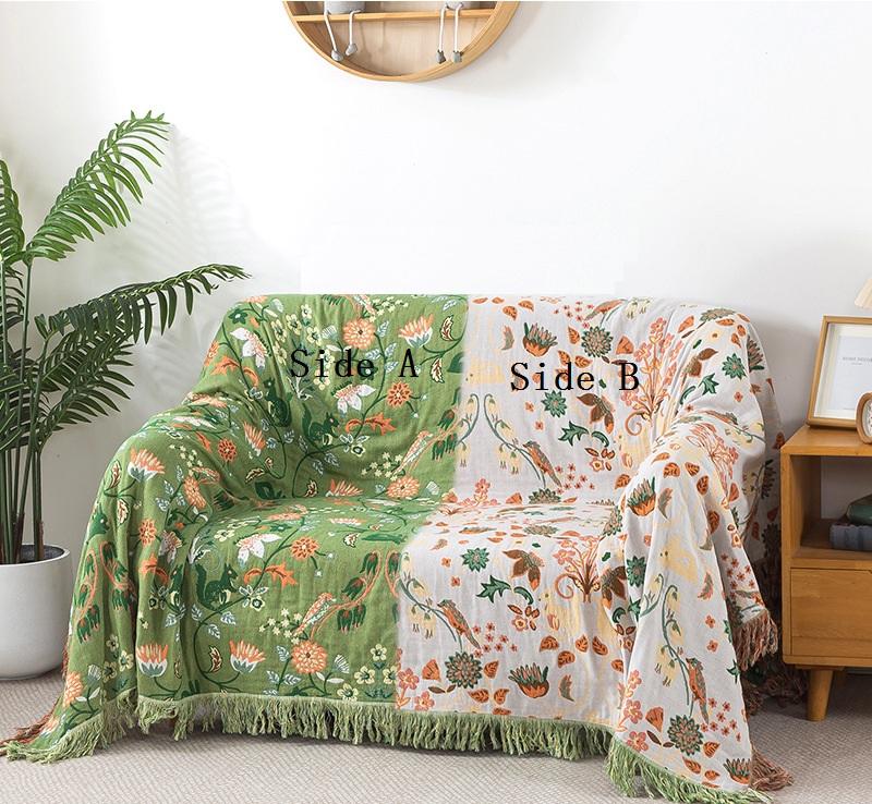 Junwell 100% Cotton Muslin Plaid Sofa Cover Green Blanket Gauze Bed Chic Tassel Multifunction Travel Breathable Throw Blanket