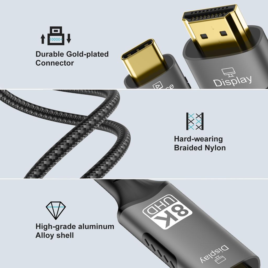 USB C To HDMI Cable 8K@60Hz 4K@120Hz Type C To HDMI-Compatible HDTV Cable for TV Converter MacBook Air iPad USB-C HDMI Adapter