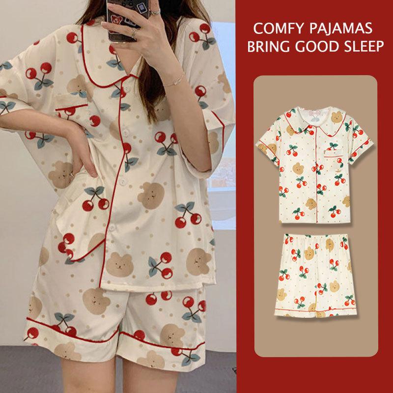 WeChat new short-sleeved pajamas women's summer lapel cute geometric loungewear Japanese and Korean popular shorts set