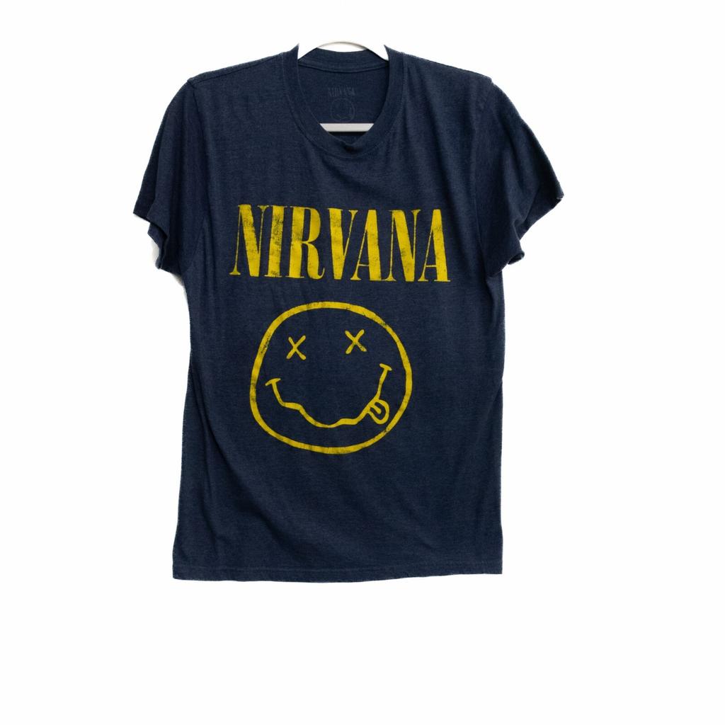Nirvana Mens Navy Blue Yellow T-Shirt Short Sleeve Crew Neck Pure Cotton M