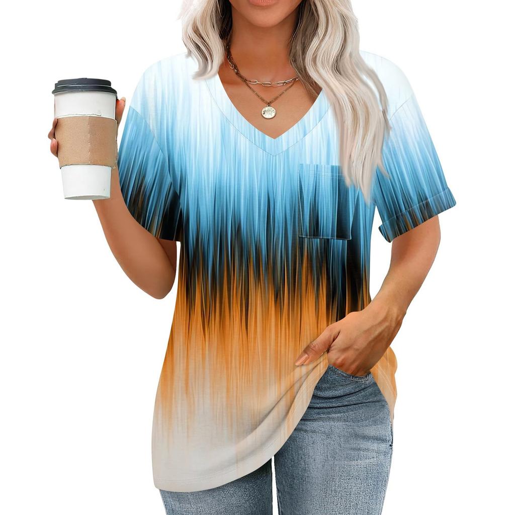 Женские топы с V-образным вырезом и коротким рукавом Блузки Повседневные модные принты Туники Топы с карманами