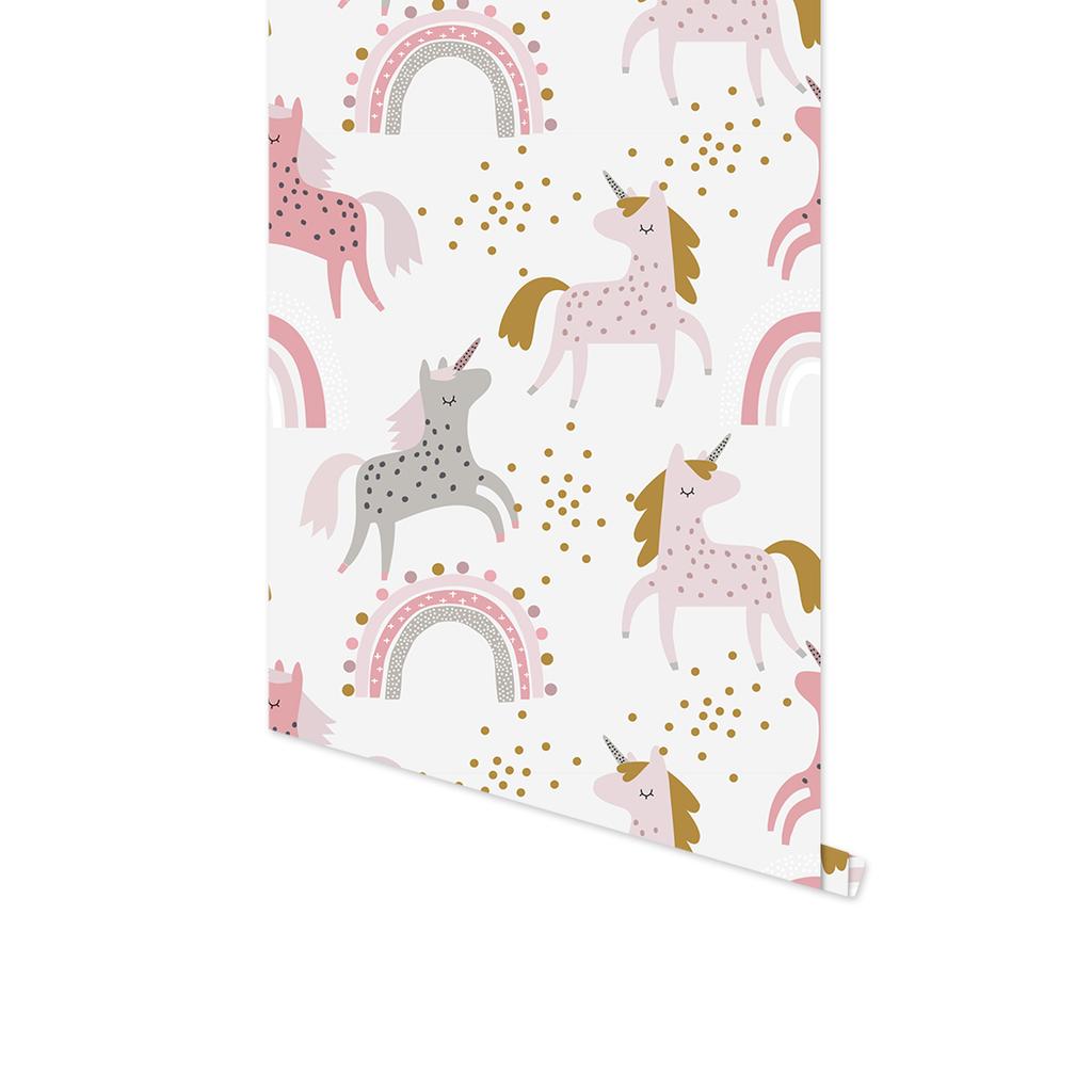 Милые обои-самоклейки с радужным единорогом, мультяшные, розово-серые, наклейки на стену для детской комнаты, легко клеятся, декор для дома