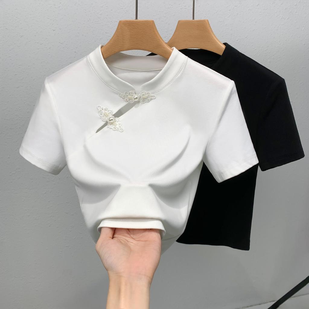 Футболка с короткими рукавами для женщин, новая женская летняя ретро-футболка с воротником-стойкой, однотонная хлопковая футболка, топ в старинном стиле с косой планкой