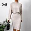 2 шт./комплект женский топ платье костюм воротник-стойка нитка длинный рукав свитер V-образный вырез облегающее платье без рукавов однотонное платье миди для поездок на работу свиданий