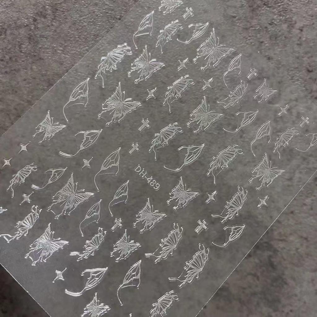 Nail Art Hand Painted Liquid Butterfly Sticker Silver Dark Waterproof Ins Hollow Black and White Silver Decals